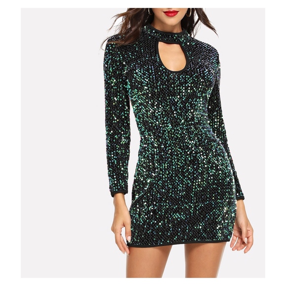 MBM Unlimited Dresses & Skirts - Green Long Sleeve Keyhole Sequin Mini Dress